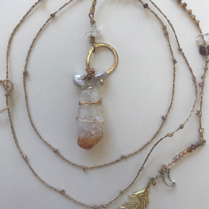 Citrine Point Necklace With Gold Feather